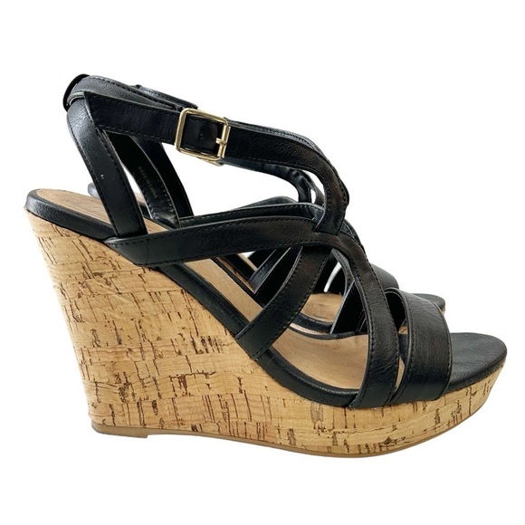 le chateau Shoes - Le Chateau Wedge Sandals Strappy Platform Cork Heel Slingbacks Black  Vegan SZ 8